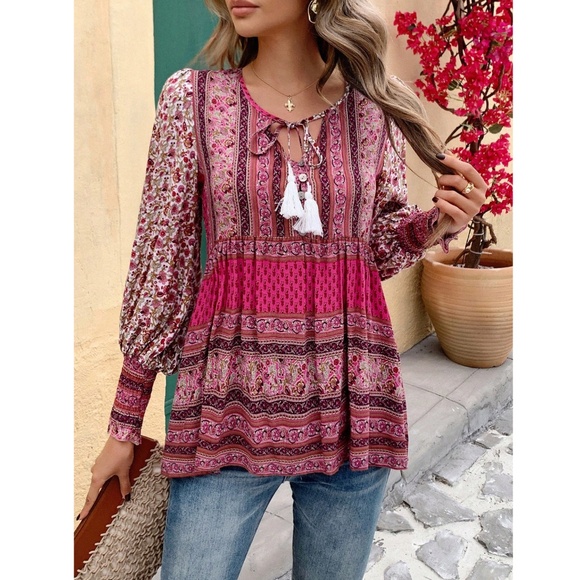 Pink Floral Printed Boho Long Sleeve Blouse Loose Fit Neck Ties Tassels Buttons - Picture 1 of 7